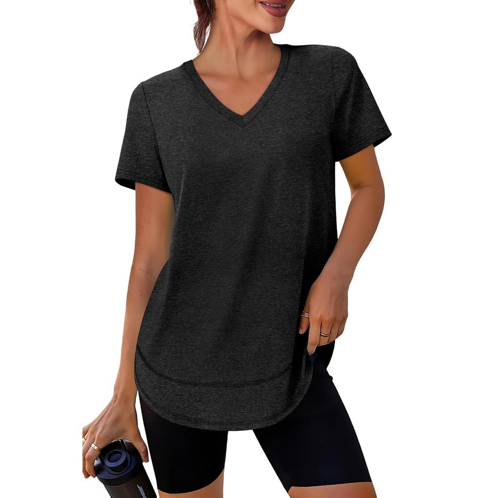 Women's Casual Loose-Fit Fashionable -Color Short-Sleeve V-Neck Pullover T-Shirt