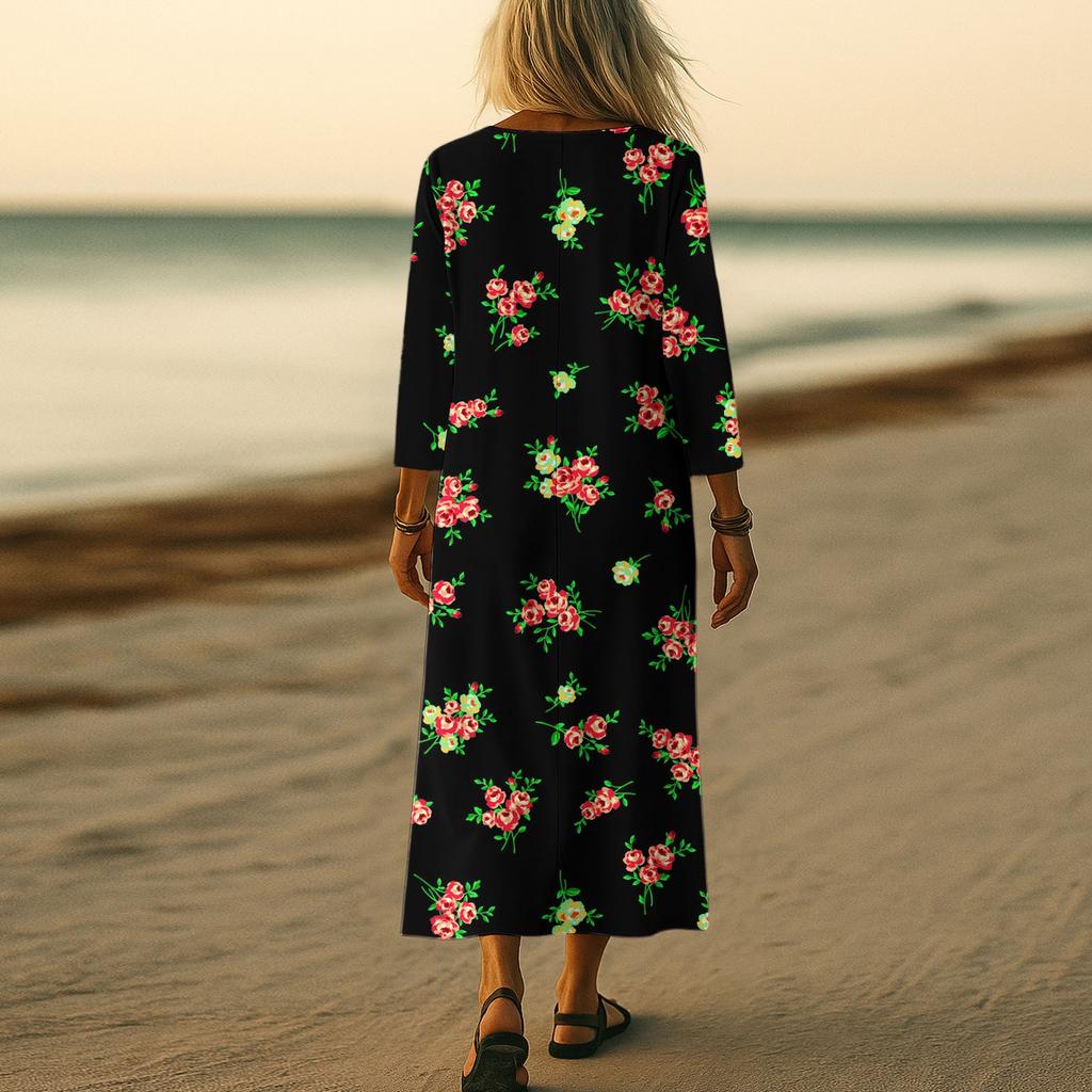 Dresses For Womens Vintage Print Tunic Waisted Midi Dress Summer Casual  3/4 Sleeve Dress