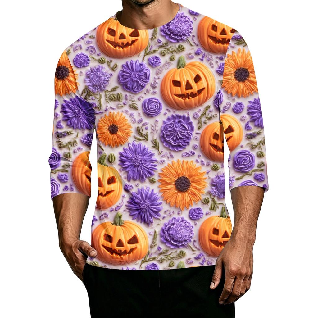Men's Casual Halloween Print Crew Neck T Shirt Three Quarter Sleeve Top Lightweight Comfortable Fit for Daily Wear