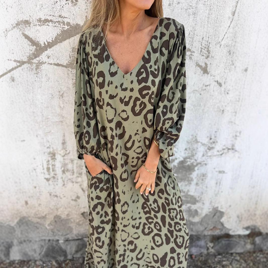 

IHUASU весна-лето с длинным рукавом и принтом леопарда с V-образным вырезом свободное платье для женщин XXXL армия зеленый
