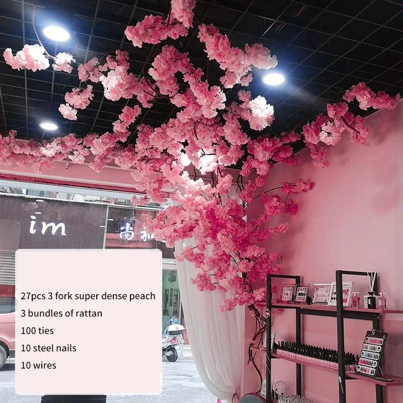 Artificial Cherry Tree Rattan Flower, Silk Wedding Background, Wall Decoration Flower, Home Decoration
