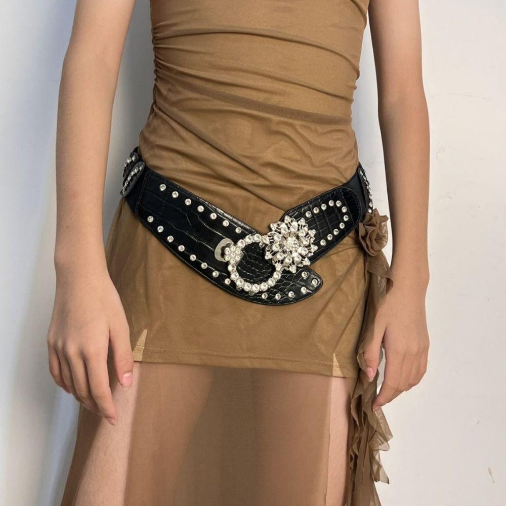 Waist Closure Waist Corset Belts Shiny Wide Rhinestone Belt Elegant Elastic Cummerbunds  Girl