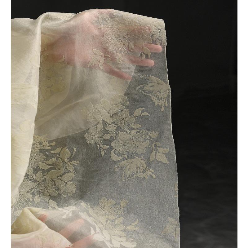 

Apricot Butterfly Tulle Flocking Fabric Artistic Chinese Style Lightweight DIY Designer Material for Women s Dress Hanfu 100x146cm абрикосовый