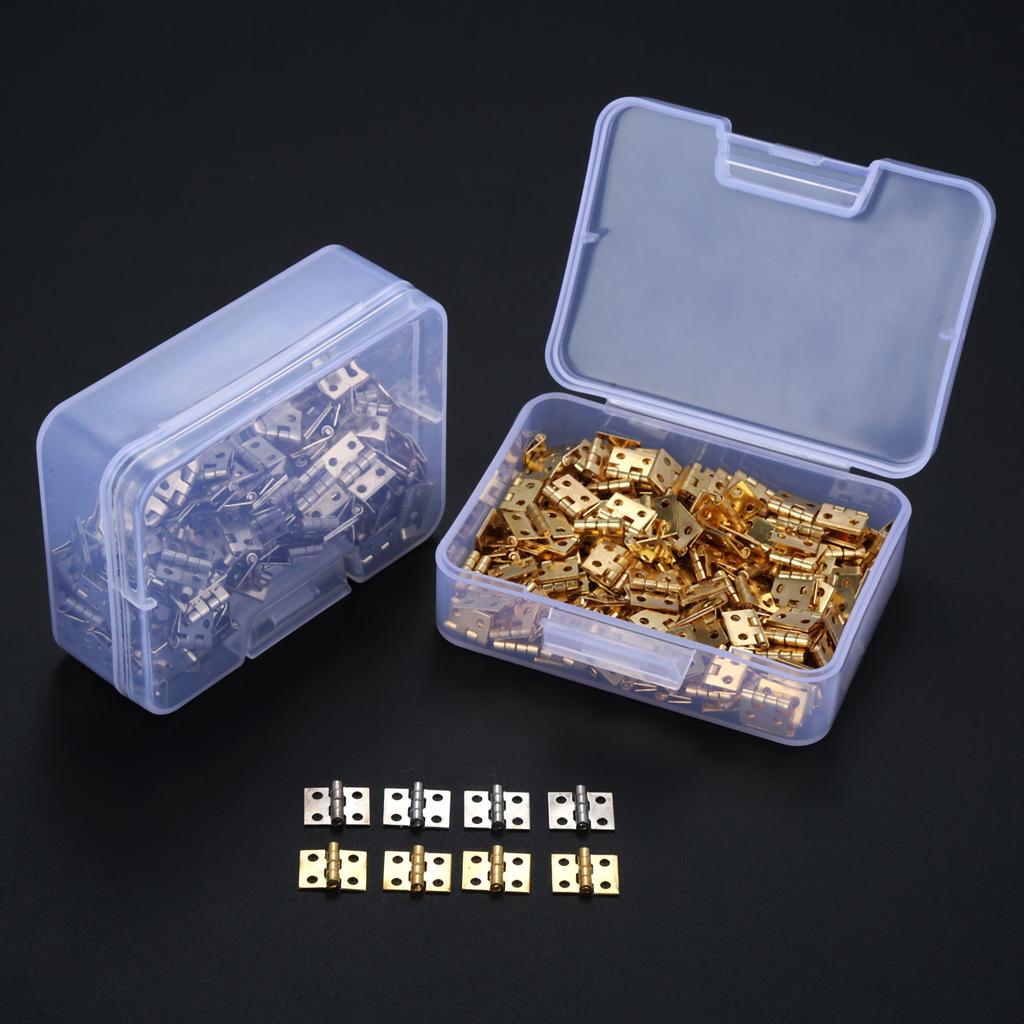 DRELD 100pcs 8*10mm Brass Cabinet Door Luggage Mini Hinge Cupboard Door Decorative Hinges for Jewelry Wood Box +Nail+Storage Box