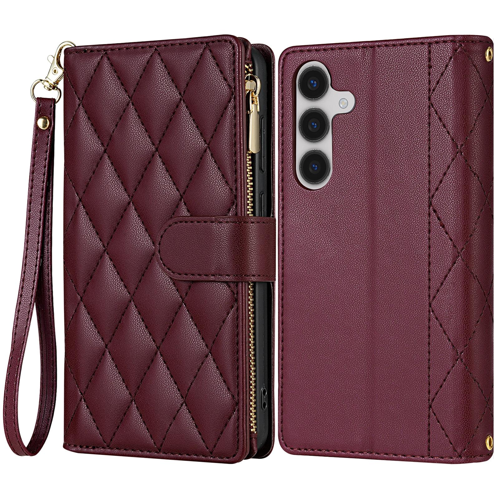 

CSJ-P2 Чехол для Samsung Galaxy S24 FE Кожаный чехол-кошелек с ромбовидной прострочкой и ремешками Wine Red