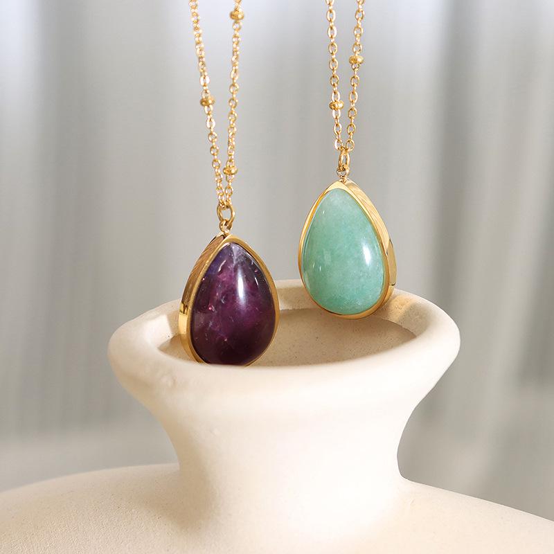 Korean Style Teardrop Oval Pendant Necklace, Natural Raw Stone, Clavicle Chain, Gold-Plated Titanium Steel