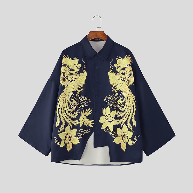 INCERUN Summer Men Lapel Neck 3/4 Sleeve Print Irregular Casual Shirts
