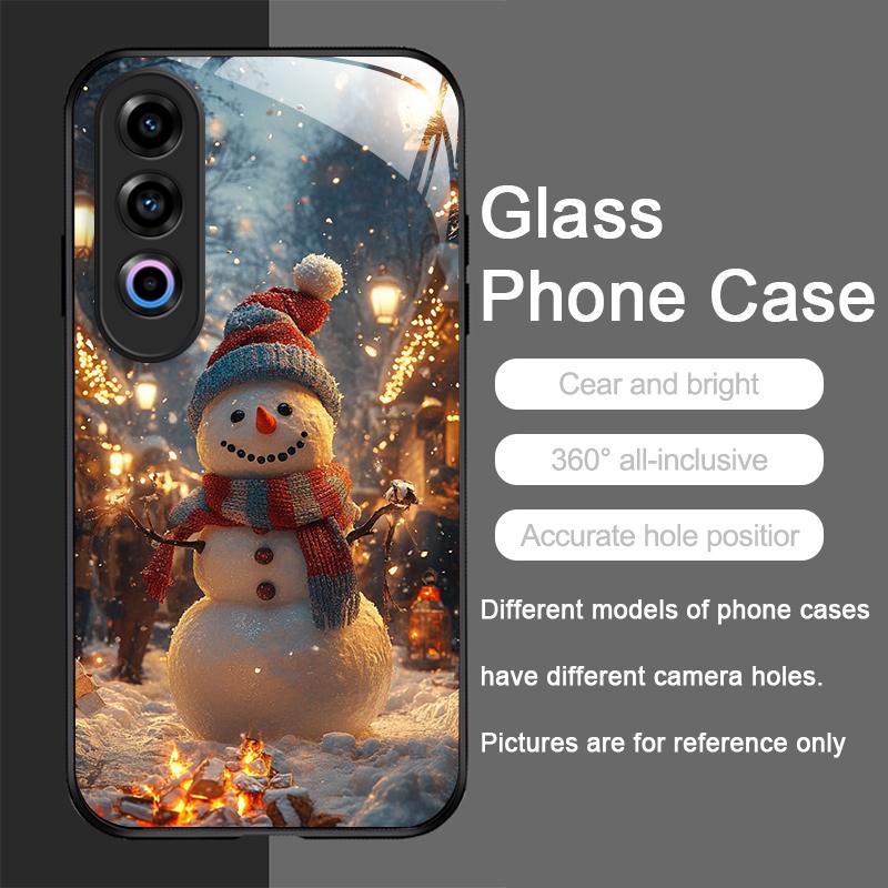 Cute Winter Christmas Snowman Pattern Tempered Glass Phone Case for Oneplus 13 R 12 11 10 9 Nord 2T CE 4 3 2 Lite ACE3 Pro Cover