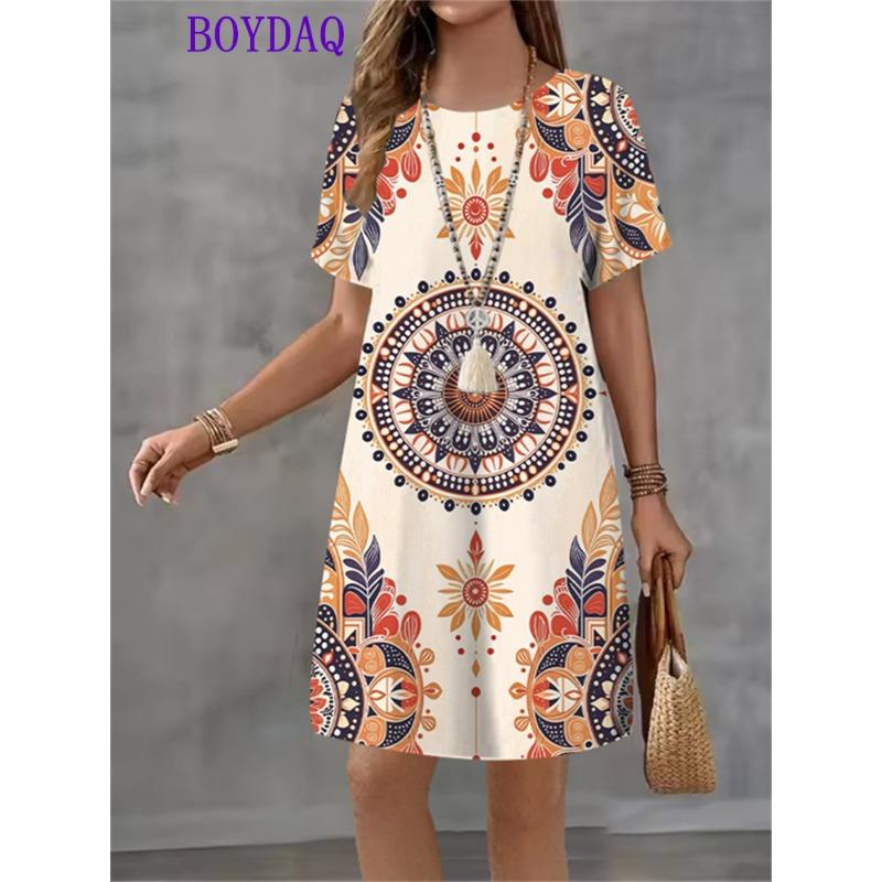 

Women Dress Vintage Print Short Sleeve O-Neck Dresses 2025 Summer Autumn Fashion Casual Harajuku Dress Female Party Clothing S