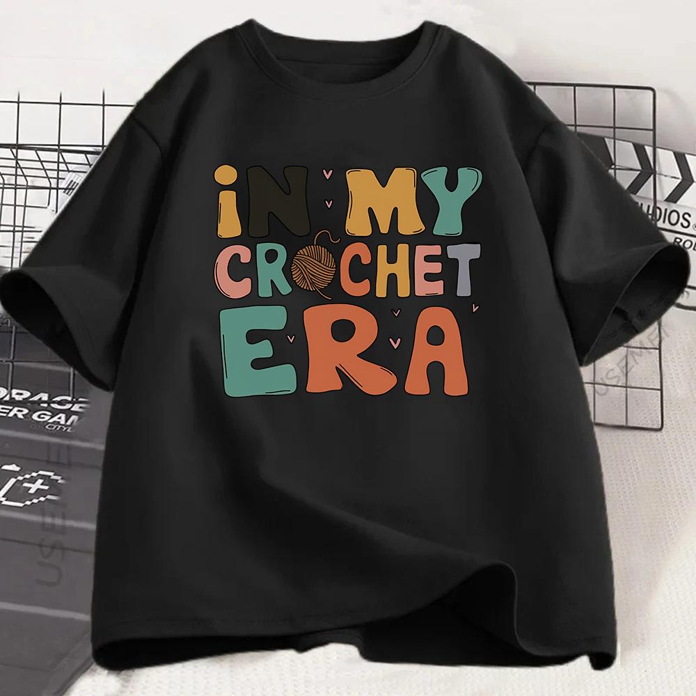 In My Crochet Era Graphic Tshirt Funny Knitting Lover Print Tee Summer Short Sleeve Casual Retro Style Top for Unisex
