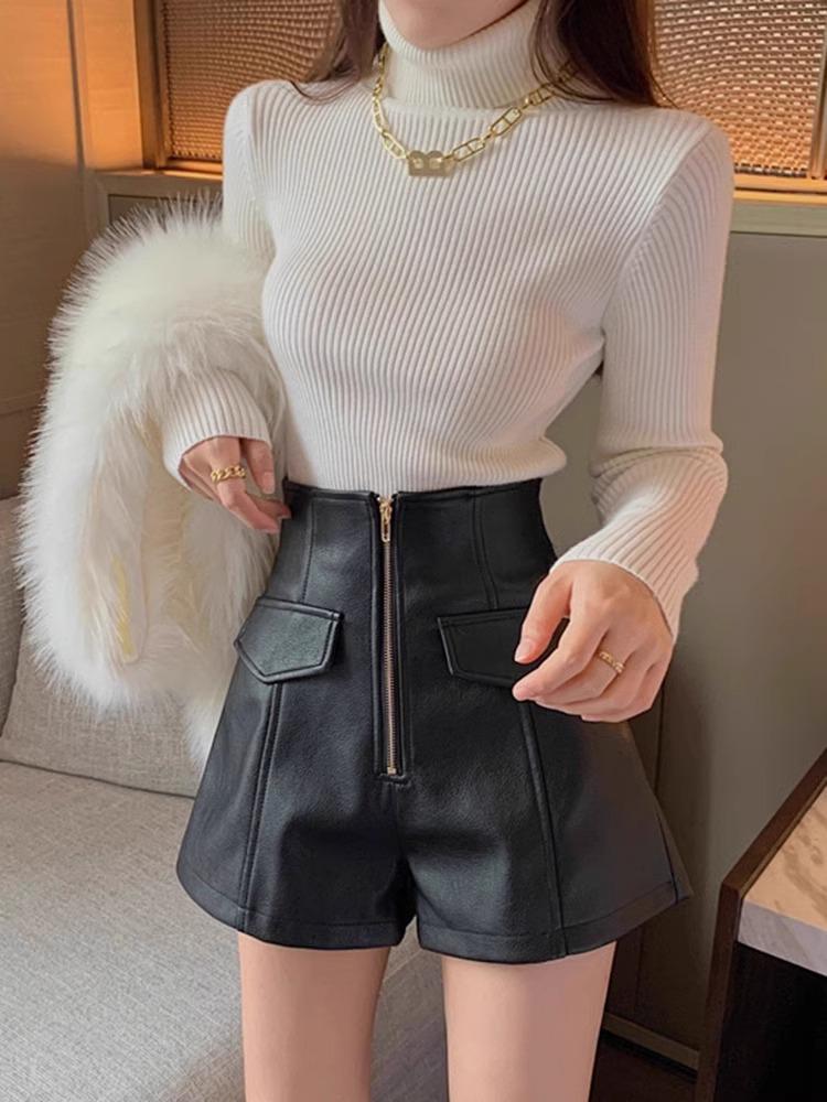 

Женские шорты А-силуэта из искусственной кожи с высокой талией и застежкой-молнией на осень/зиму 2023 года - корейская мода 3XL чёрный