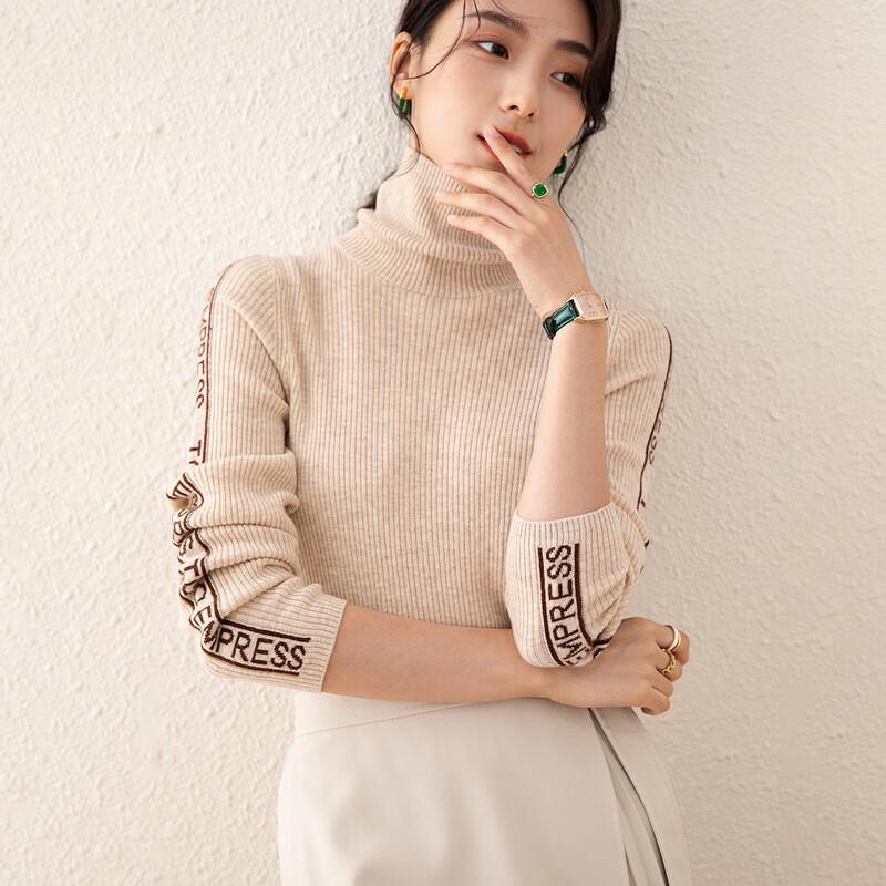 TUHUANG Women's 100% Pure Wool Letter Pattern Mock Neck Pullover