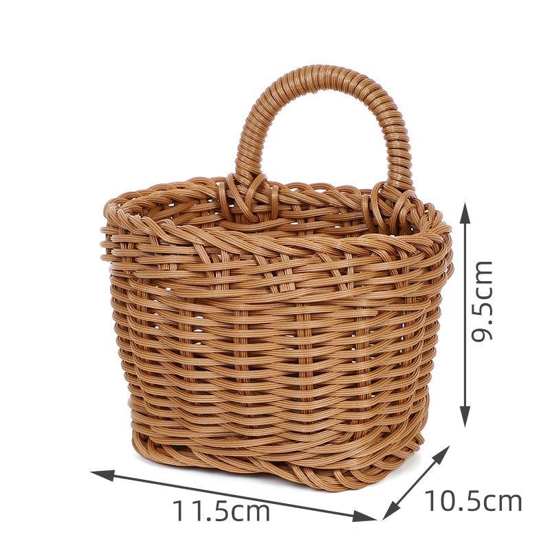 Imitation Rattan Kitchen Storage Basket Brown With Handle Hand-Woven Hanging Baskets Vegetable Fruit Flower Sundries Organizer