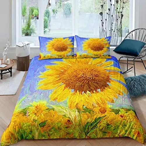 Sunflower Duvet Cover Set Blooming Sunflowers Field Print Bedding Set for Kids Modern Oil Painting Microfiber Comforter Cover