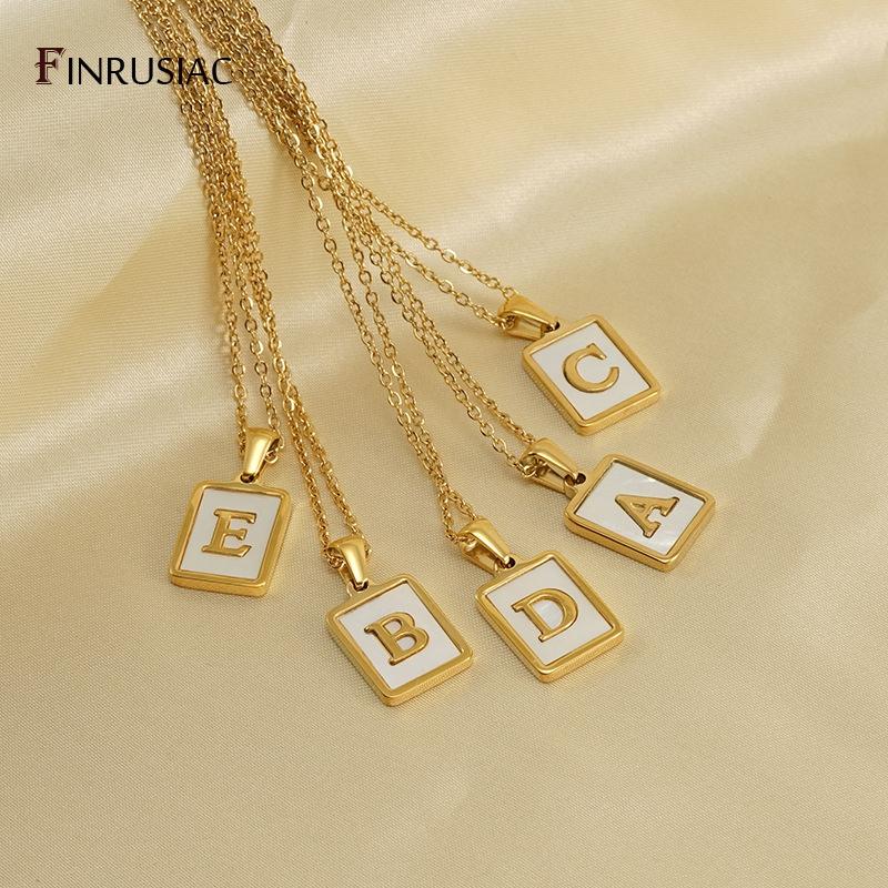 Stainless Steel Jewelry A-Z Letter Necklaces For Women's Jewelry Shell Necklace Square Pendants For Men