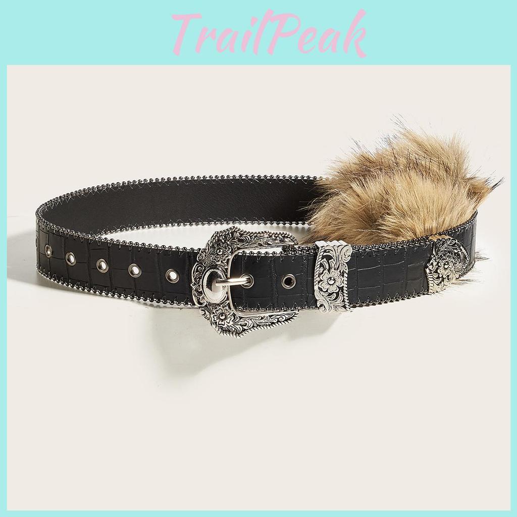 Pu Leather Fashion Belt With Metal Buckle And Plush Embellishments Women For