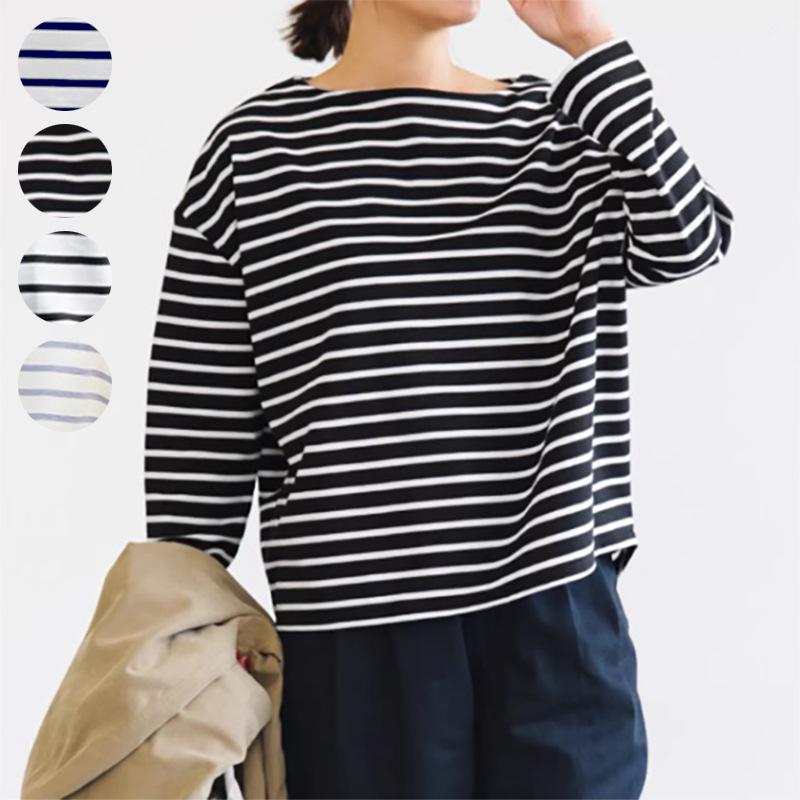 New Autumn Women's Striped T-shirt Pure Cotton Casual Simple Versatile Round Neck Long-sleeved Top