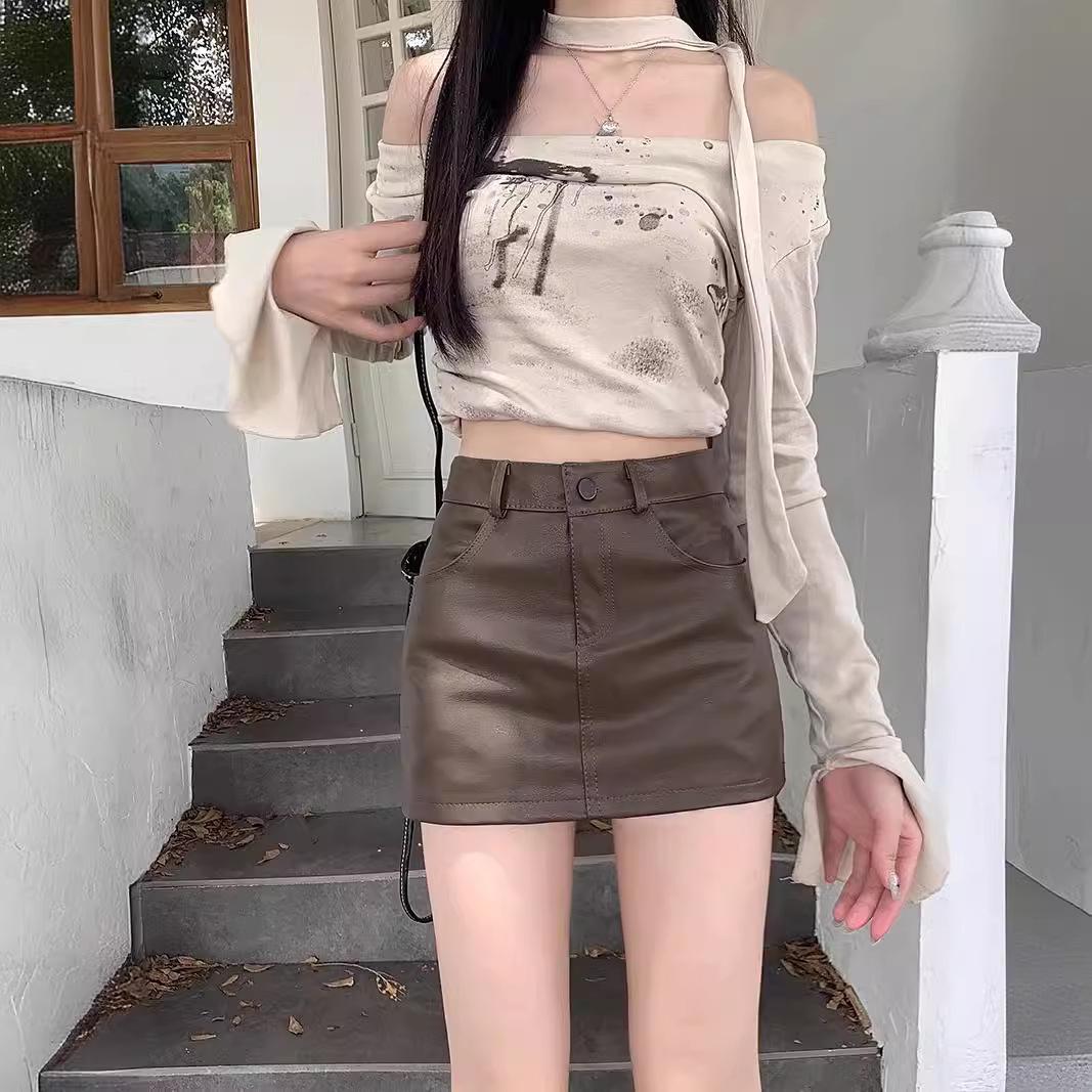 

Meilaide Women s Petite High-Waist A-Line Mini Skirt - Brown Leather, Summer 2024 L