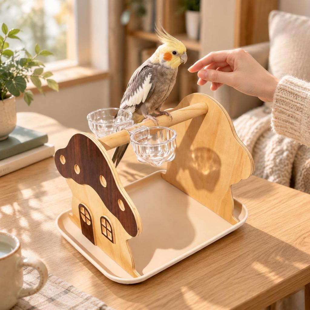 Wooden MushroomShaped Bird Stand Stable Tabletop with Catch Tray Easy to Clean for