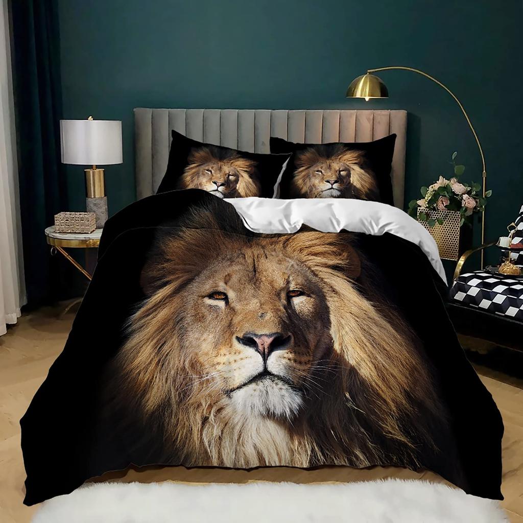 Lion Rose Duvet Cover Set Full Size,Animal Floral Comforter Cover Nature Theme Design Bedding Set,Modern Brown Lion Quilt Cover