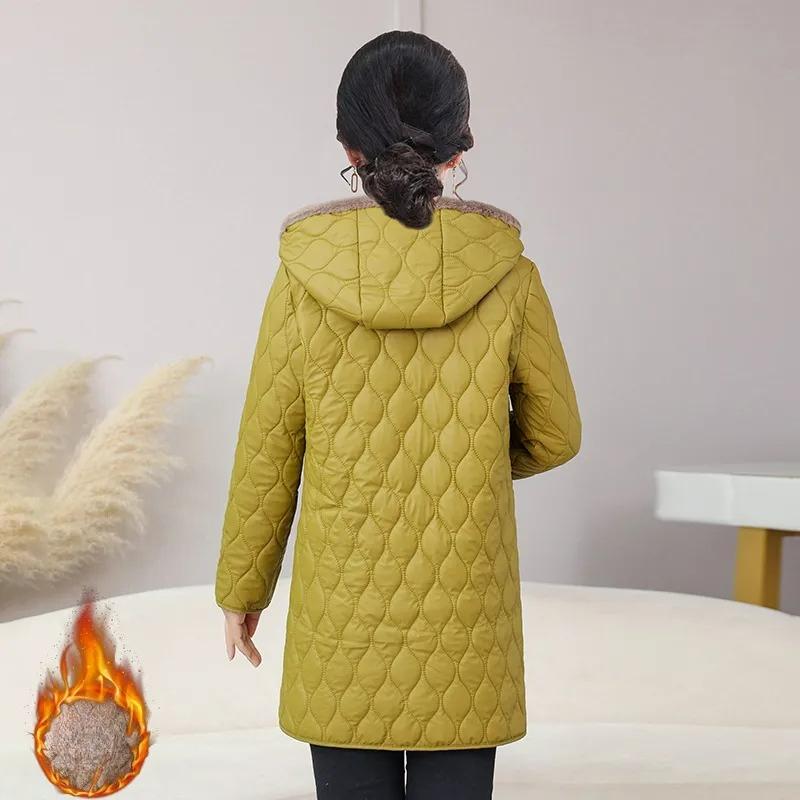Geacă de lungime medie călduroasă pentru mamă, iarnă, stil occidental, plus catifea groasă, cu glugă, modă, geacă pentru vârsta mijlocie, geacă călduroasă