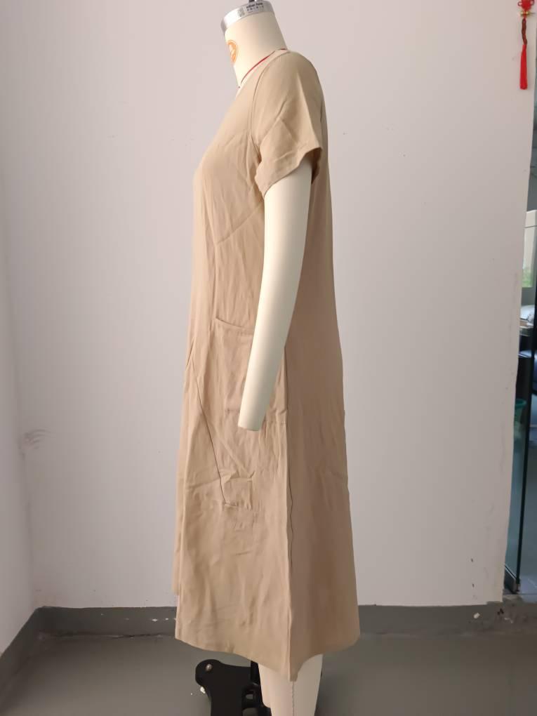 Summer 2025 Cotton Linen Solid Color Loose Fit Short Sleeve Dress