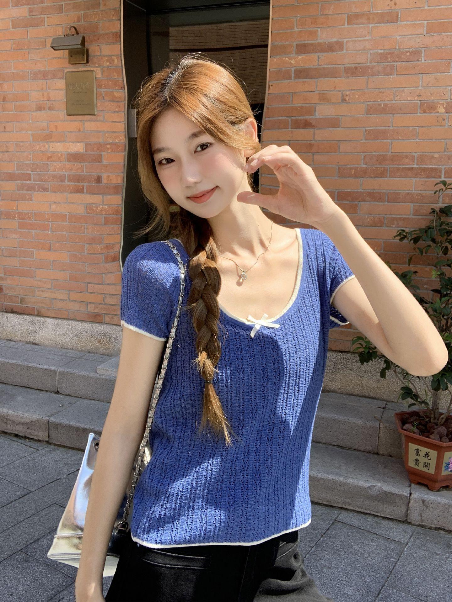 

Korean blue knitted bow front shoulder short-sleeved t-shirt women s summer new U-neck slim-fitting and thin top One size fits all темно-синий