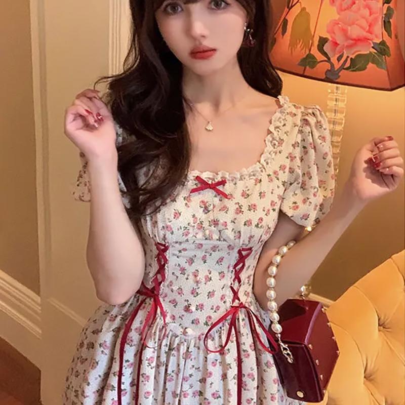 Floral Mini Dress Women Puff Sleeve Flare Shirring Design French Style Elegant Birthday Dresses
