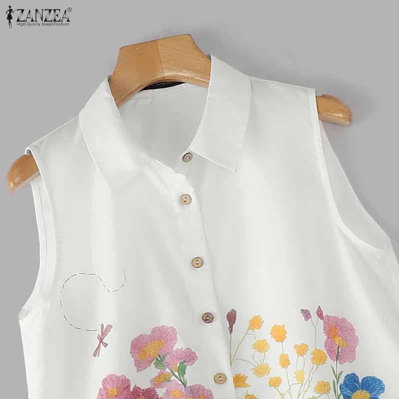 ZANZEA Women Casual Turn Down Collar Floral Print Sleeveless Vest Tops