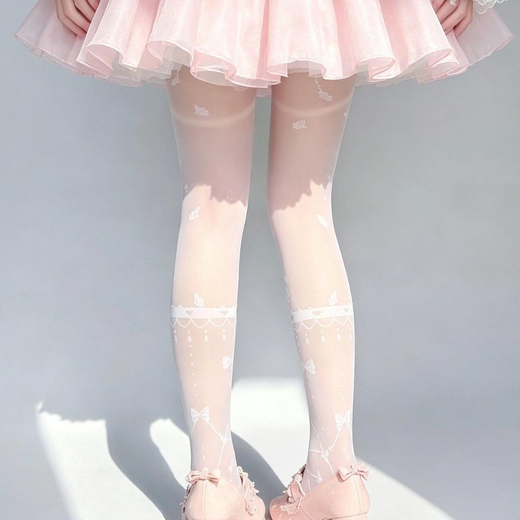 Lolita bow milk white stockings women's summer thin diamond print straps lolita ballet pantyhose