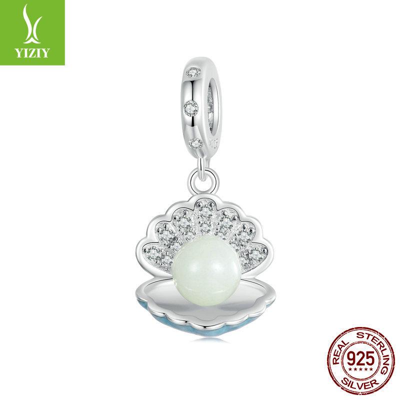 Light Blue Shell Luminous Beads Diy Pendant, Ocean Wind Charm Luminous Stone S925 Silver Bracelet Beaded.