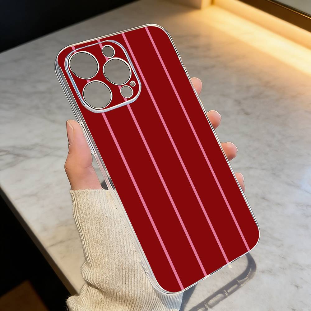 B-Burgundy White Stripe P-pattern Phone Case Transparent Silicone Soft For iPhone 17 16 15 14 13 12 11 Mini Pro Max Plus