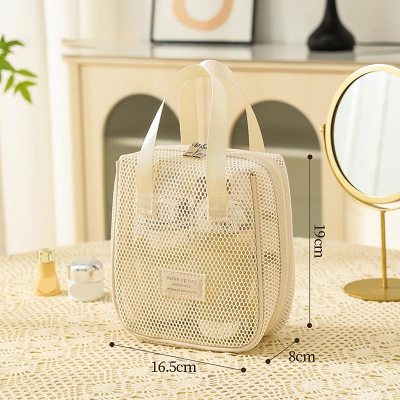 Portable Solid Color Mesh Cosmetic Bag Lightweight Space Saving Zipper Bags Large Capacity Travel Toiletry Storage Handbag
