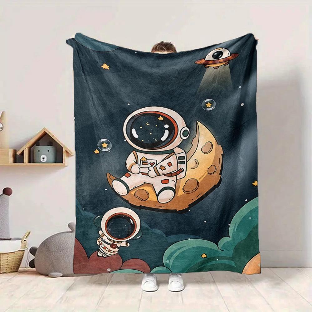 1pc Astronaut Moon Lightweight Flannel Blanket, Comfortable and Warm Blanket, for Office and Camping Sofa Bed, Livingroom047