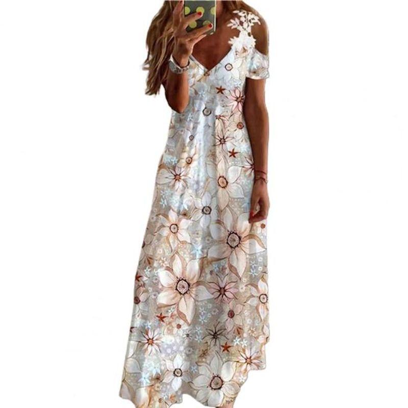 

Loose Lace Strap V-neck Long Dress Loose Ruffled V-neck Brace Long Dress Golden S