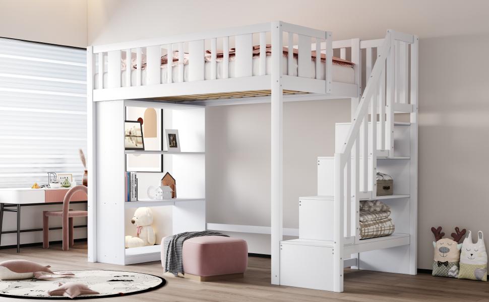Letto a soppalco 90 x 200 cm, letto per bambini con scala contenitore, con diversi ampi vani contenitore, letto funzionale, bianco (senza materasso)