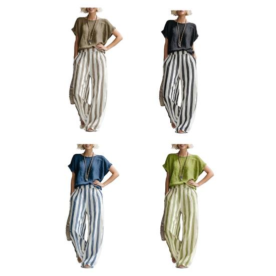 Summer 2 Piece Sets for Women Short Sleeve Crew Neck Top And Wide Leg Pants Sets Casual Striped Loungewear Outfits