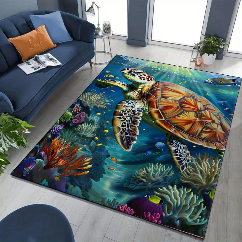 Colorful Turtle Area Rug Ocean Themed Room Rugs, Soft Washable Non Slip Ocean Area Rug Ocean Room Coral Rug for Kids Room Mat