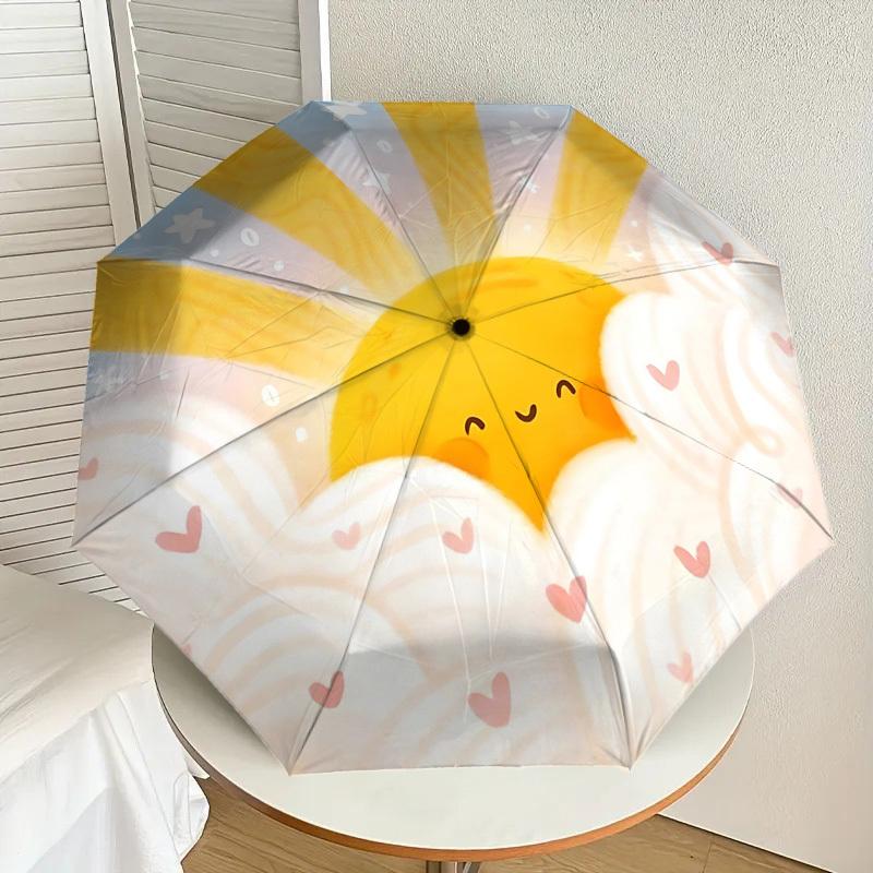 1pc Sunshine Clouds Automatic Folding Umbrella 8 Rib Iron Frame,  Suitable for Travel, Daily Use, Birthday, Women & Men Gift