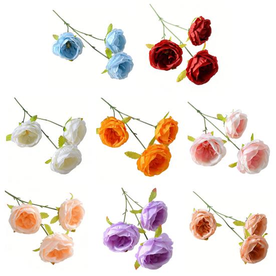 26" Artificial Rose Flower Realistic Fake Silk Rose Flower with Long Stems 3 Heads Full Blooms Faux Flower Branch for DIY Bridal Bouquet Home Wedding