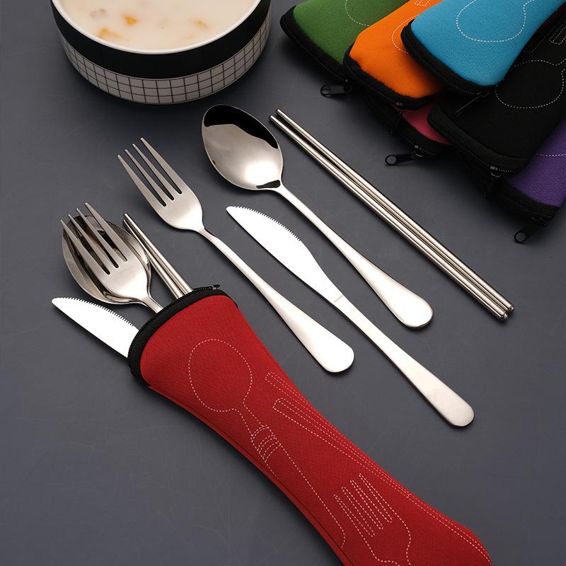 Stainless Steel Cutlery Set: Knife, Fork, Spoon & Chopsticks - Portable 4-Piece Set for Students, Travel, & Gifts