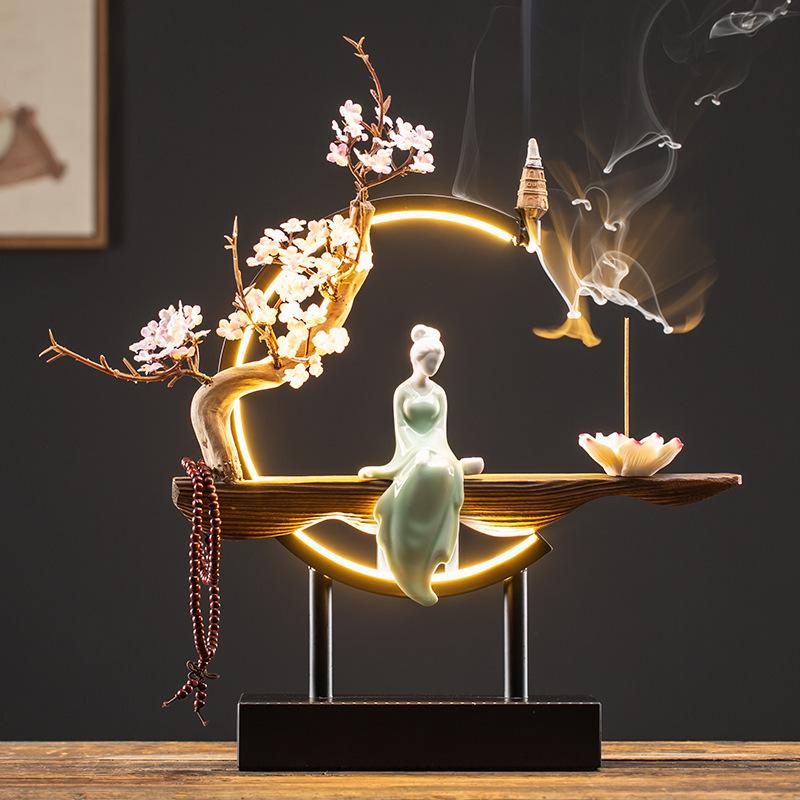 Creative New Chinese-style LED Light Ring Reverse-flow Scented Item, Living Room Entrance Decoration,Zen-themed Handicraft Item
