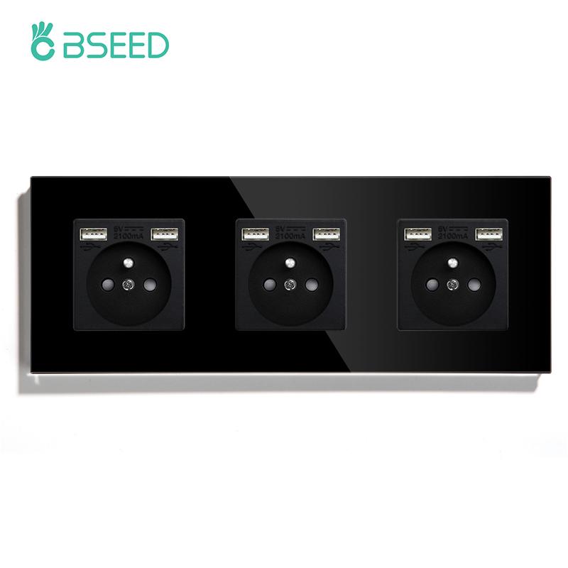 BSEED Single French Wall Socket Double Power Sockets Triple Electric Sockets With Type-c Double USB Charing Ports  Glass Frame