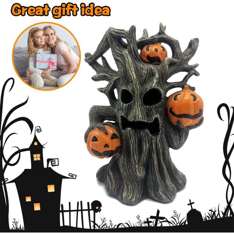 Halloween Pumpkin Tree Decor,Lighted Resin Halloween Figurine with Ghost Face Pumpkins, Haunted Miniature Tree for Indoor Table Decorations