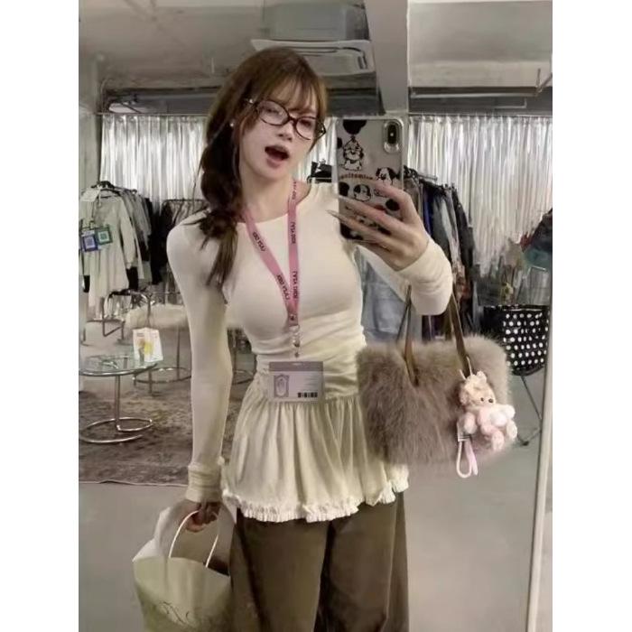 

Apricot Slim Fit Long Sleeve T-Shirt with Velvet Wood Ear Lace Hem Small абрикосовый
