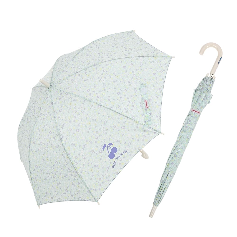 Ogawa Kids' Long Umbrella, Jump Style, 58cm, 8 Ribs, OLIVE des OLIVE Mint Floral Print, One-Point Logo, Antibacterial Handle, Water-Repellent, 71002