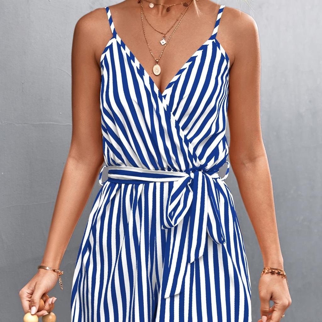 QICED Frauen Frühling Sommer Sexy V-ausschnitt Gestreiften Hosenträger Overall Frauen