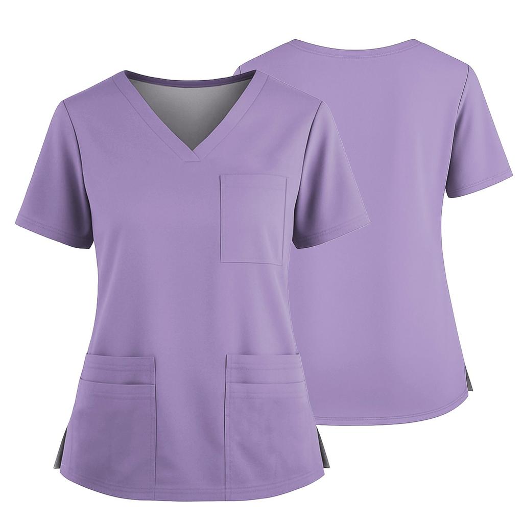 Women's Uniform Solid Color V-Neck Pocket Side Slit Uniform Short Sleeved Top Top