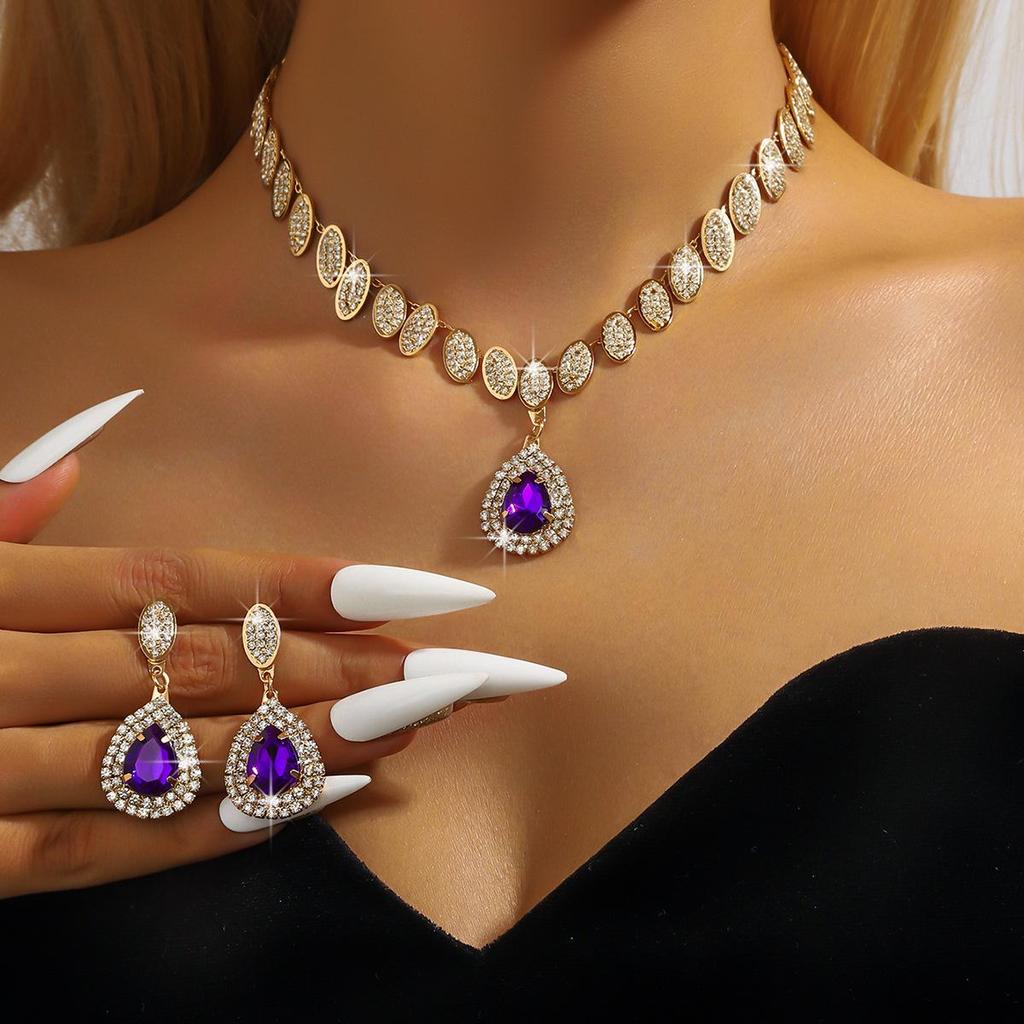 Elegant Diamond Earrings & Necklace Set - Luxury Jewelry for Ladies, Perfect for Dinner and Weddings, European & American Style.