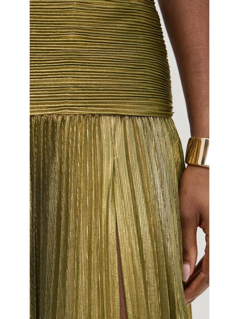 European and American Women's Metallic Pleated Slit Halter Dress Sleeveless Backless Lace-Up 8155